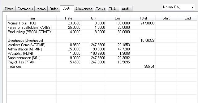 costs tab