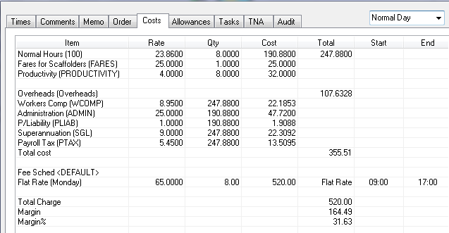 costs tab